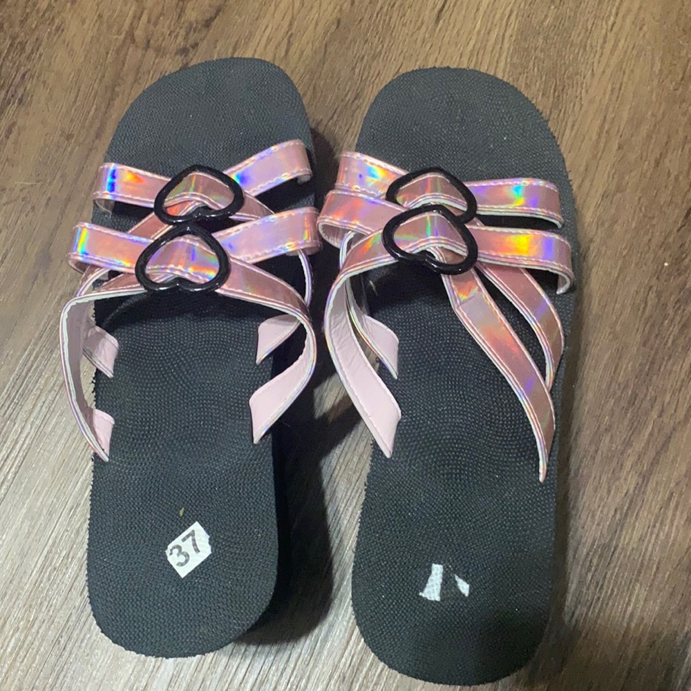 pink holographic platform sandals